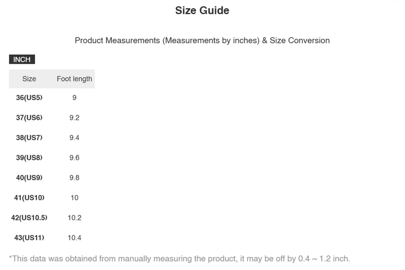 Size Chart for Maya | Open Toe Flats Sandals