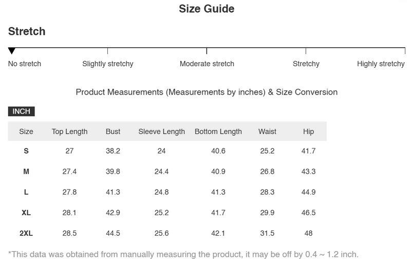 Size Chart for Camila | Printed Long Sleeve Shirt and Pants Set